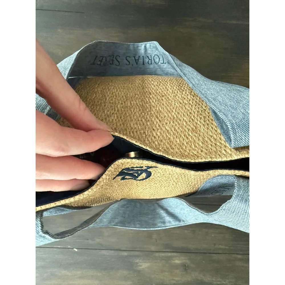Victoria's Secret Paper Straw Tote Bag with Denim Logo Straps Lined Snap Closure